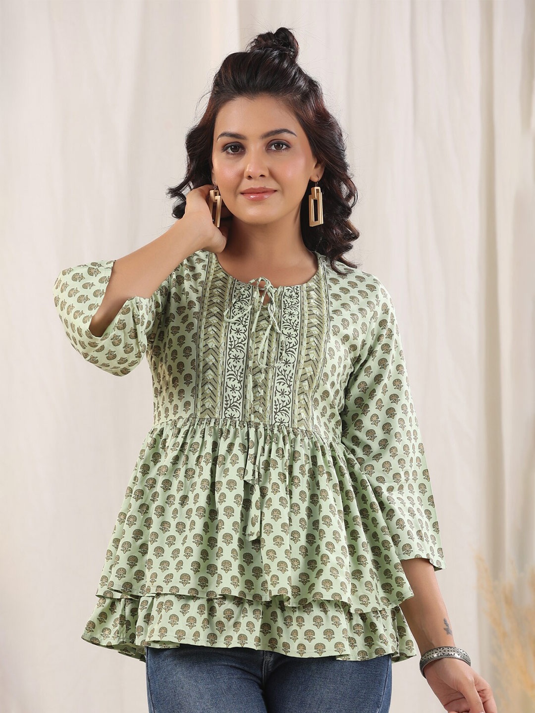 

Rain & Rainbow Ethnic Printed Bell Sleeve Tiered Top, Green