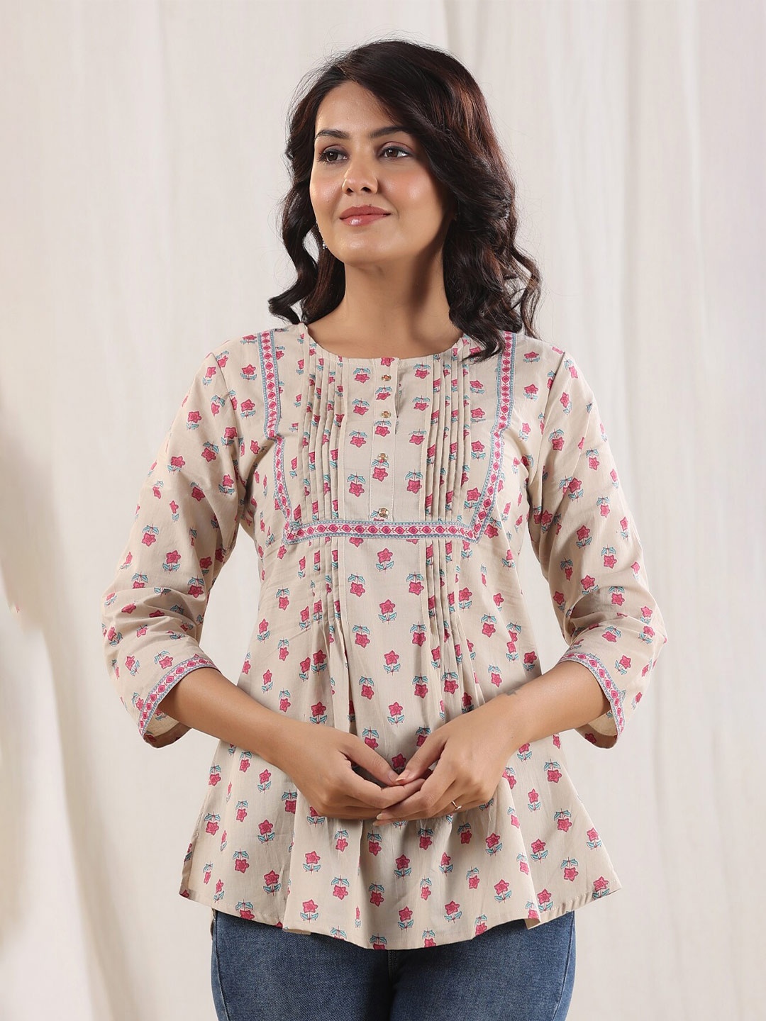 

Rain & Rainbow Floral Printed Gathers Cotton A-Line Top, Beige