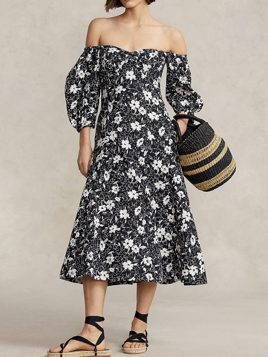 

Polo Ralph Lauren Floral-Printed Off-Shoulder Linen Dress, Black