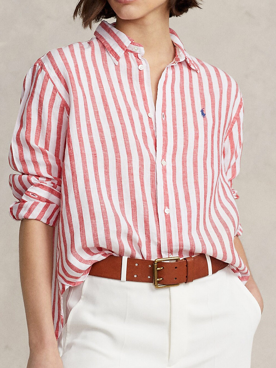 

Polo Ralph Lauren Striped Oversized-Fit Linen Casual Shirt, Red