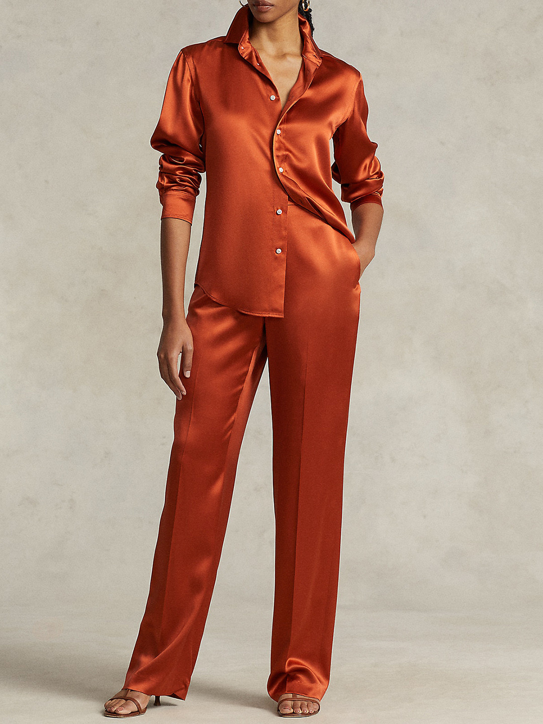 

Polo Ralph Lauren Women Mid-Rise Silk Straight Trousers, Orange