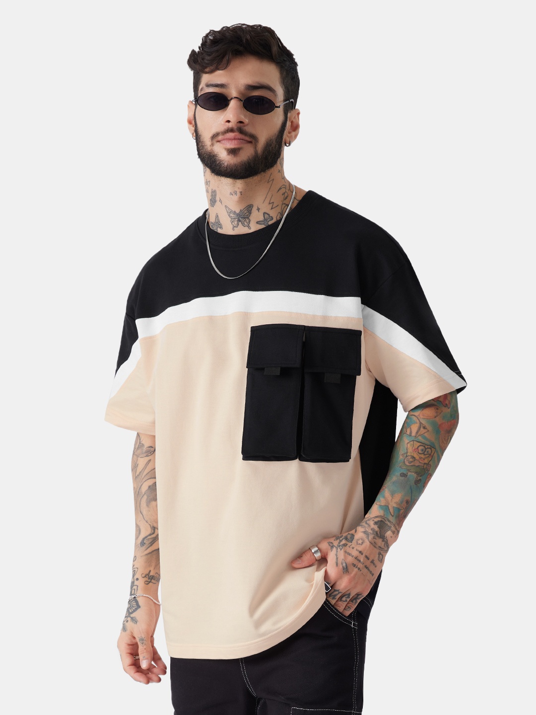 The Souled Store Colourblocked Pure Cotton Oversized T-shirt, Peach