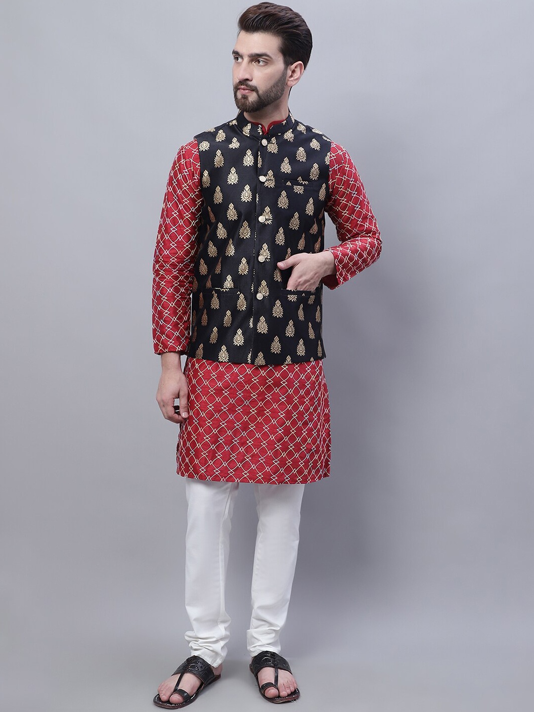 

SOJANYA Embroidered Straight Kurta With Churidar And Nehru Jacket, Maroon