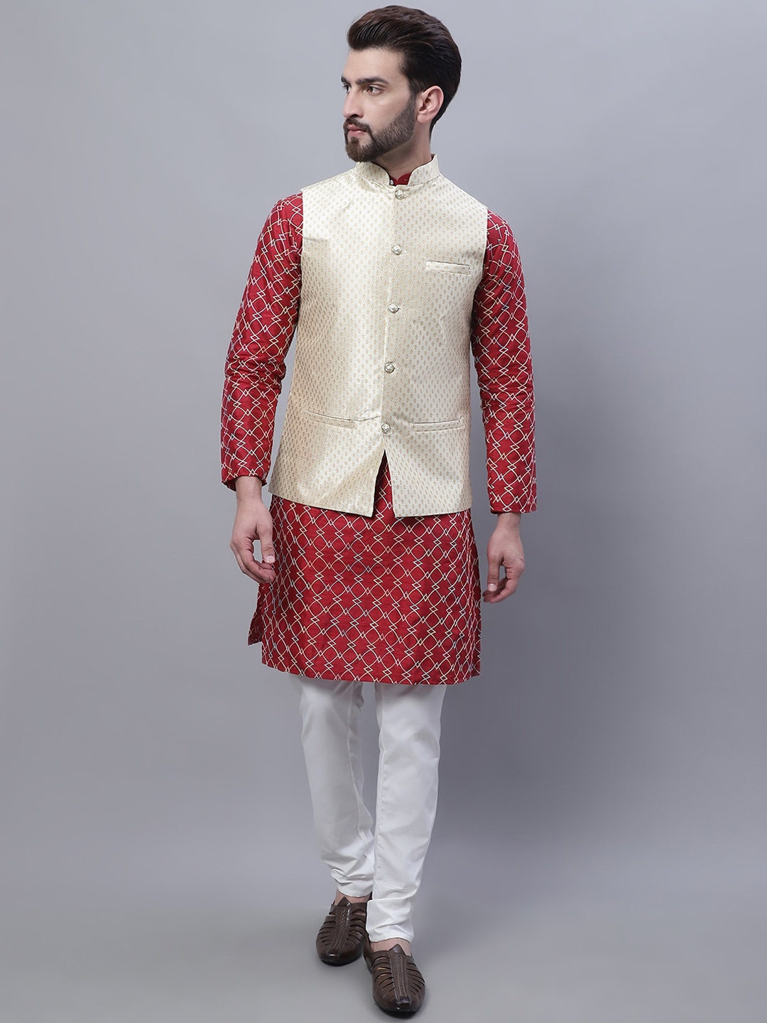 

SOJANYA Mandarin Collar Embroidered Thread Work Kurta with Churidar & Nehru Jacket, Maroon