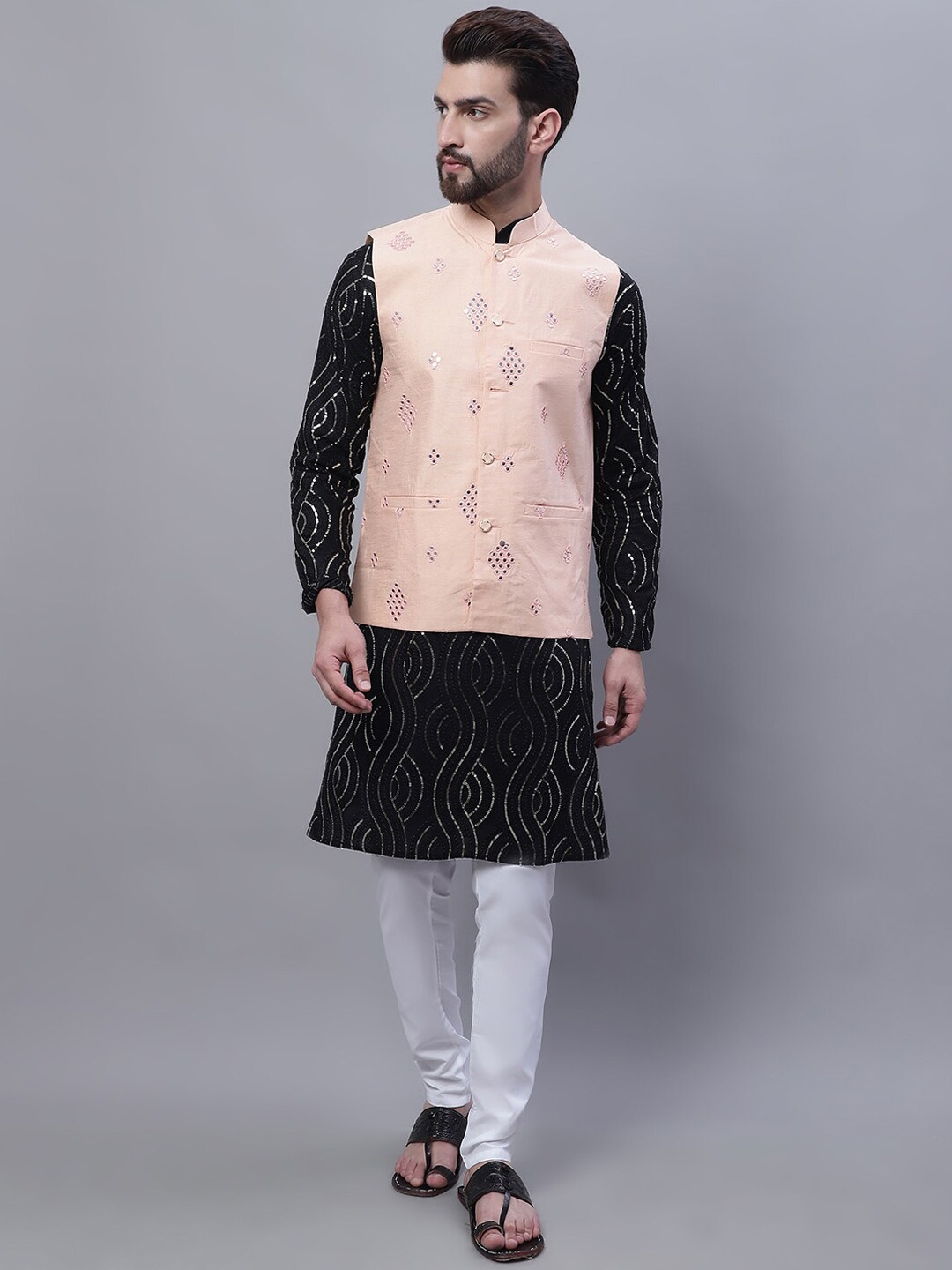 

SOJANYA Leheriya Embroidered Sequinned Kurta with Churidar & Nahru Jacket, Black