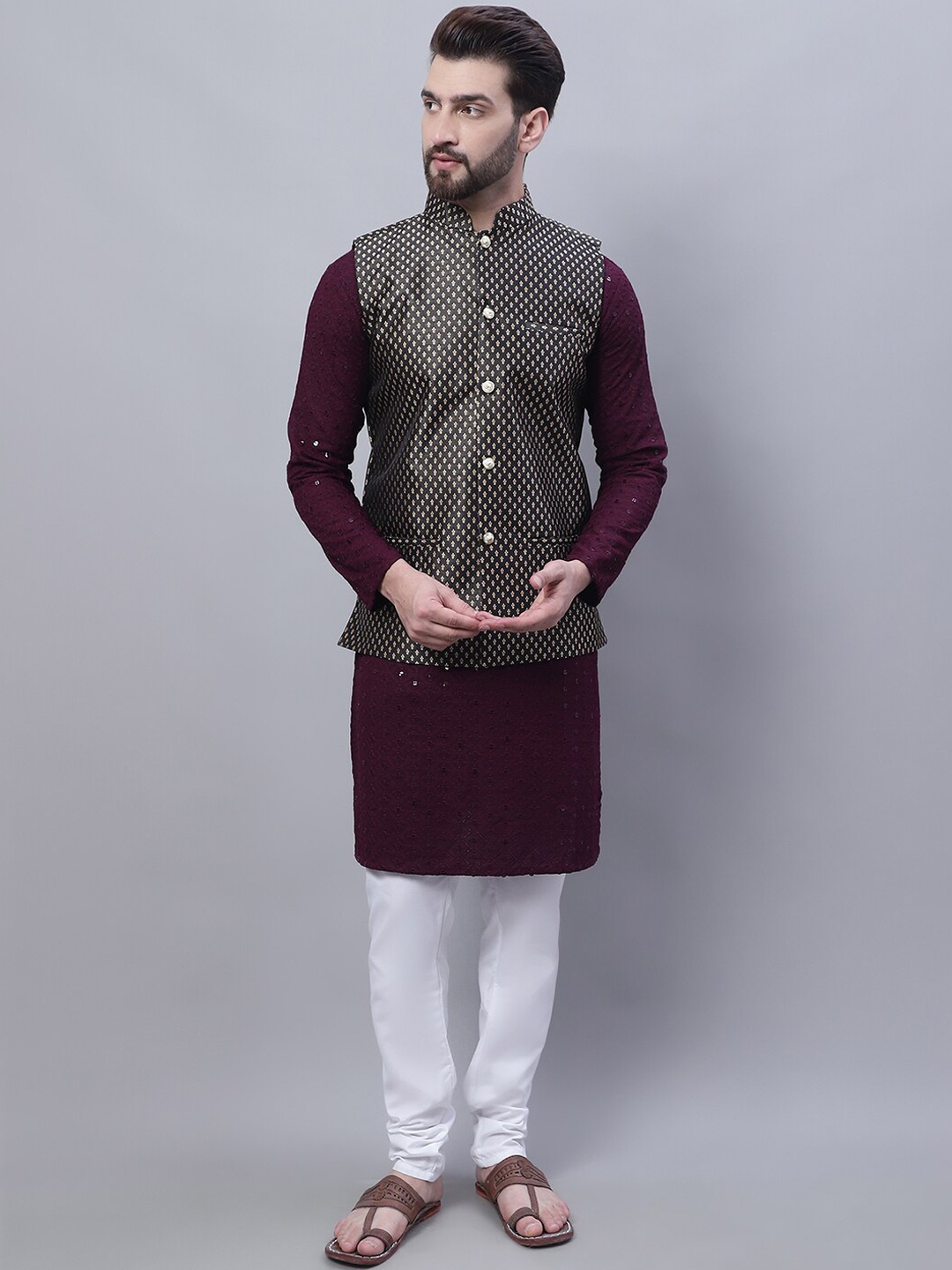 

SOJANYA Ethnic Motifs Embroidered Sequinned Pure Cotton Kurta with Churidar & Nahru Jacket, Purple