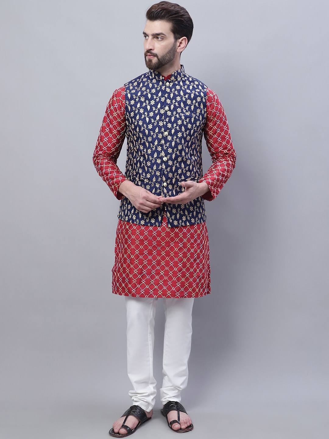 

SOJANYA Embroidered Thread Work Kurta With Churidar With Nehru Jacket, Maroon
