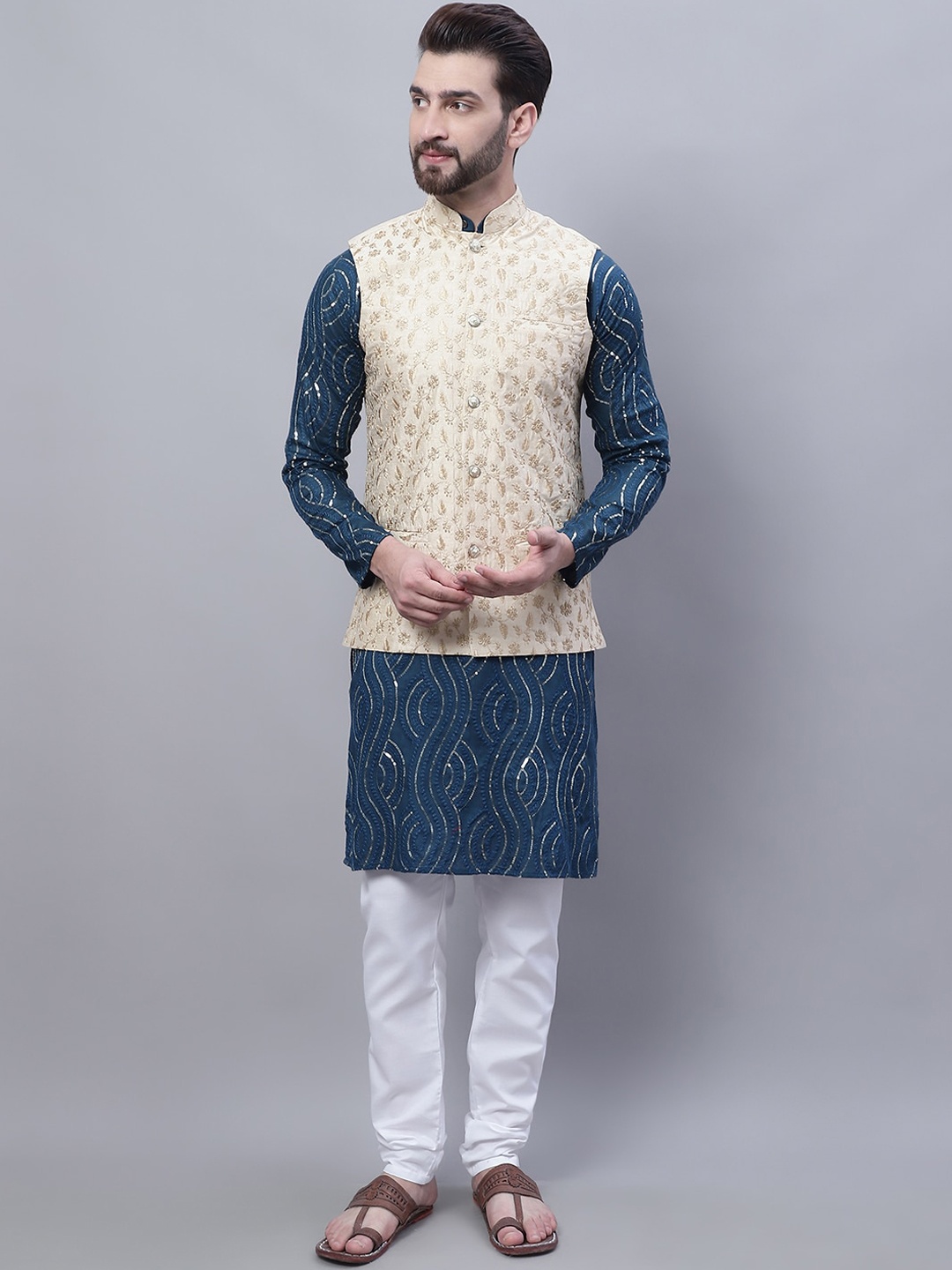 

SOJANYA Men Leheriya Embroidered Sequinned Pure Cotton Kurta With Churidar & Nehru Kurta, Blue