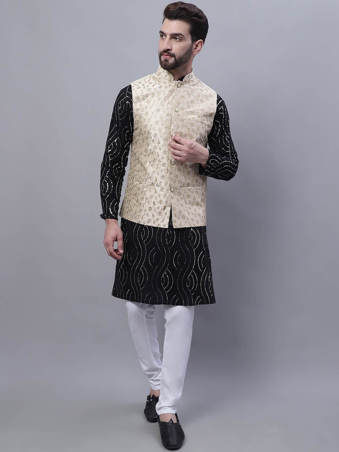 

SOJANYA Embroidered Sequinned Pure Cotton Kurta and Churidar with Nehru Jacket, Black