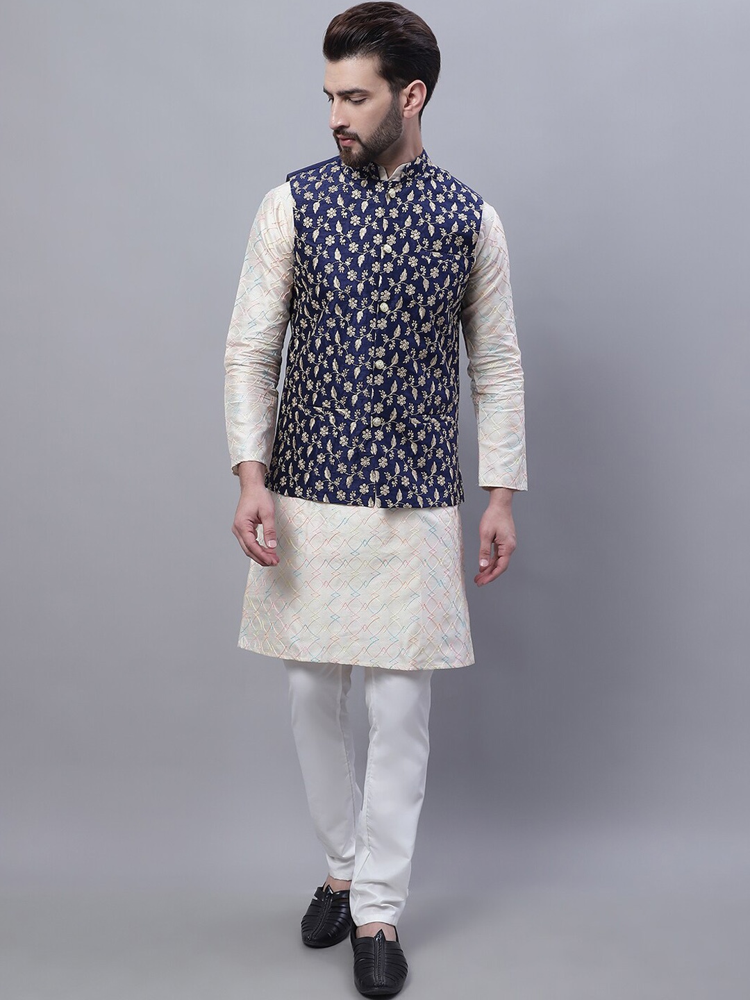 

SOJANYA Embroidered Thread Work Kurta and churidar with Nehru Jacket, Cream