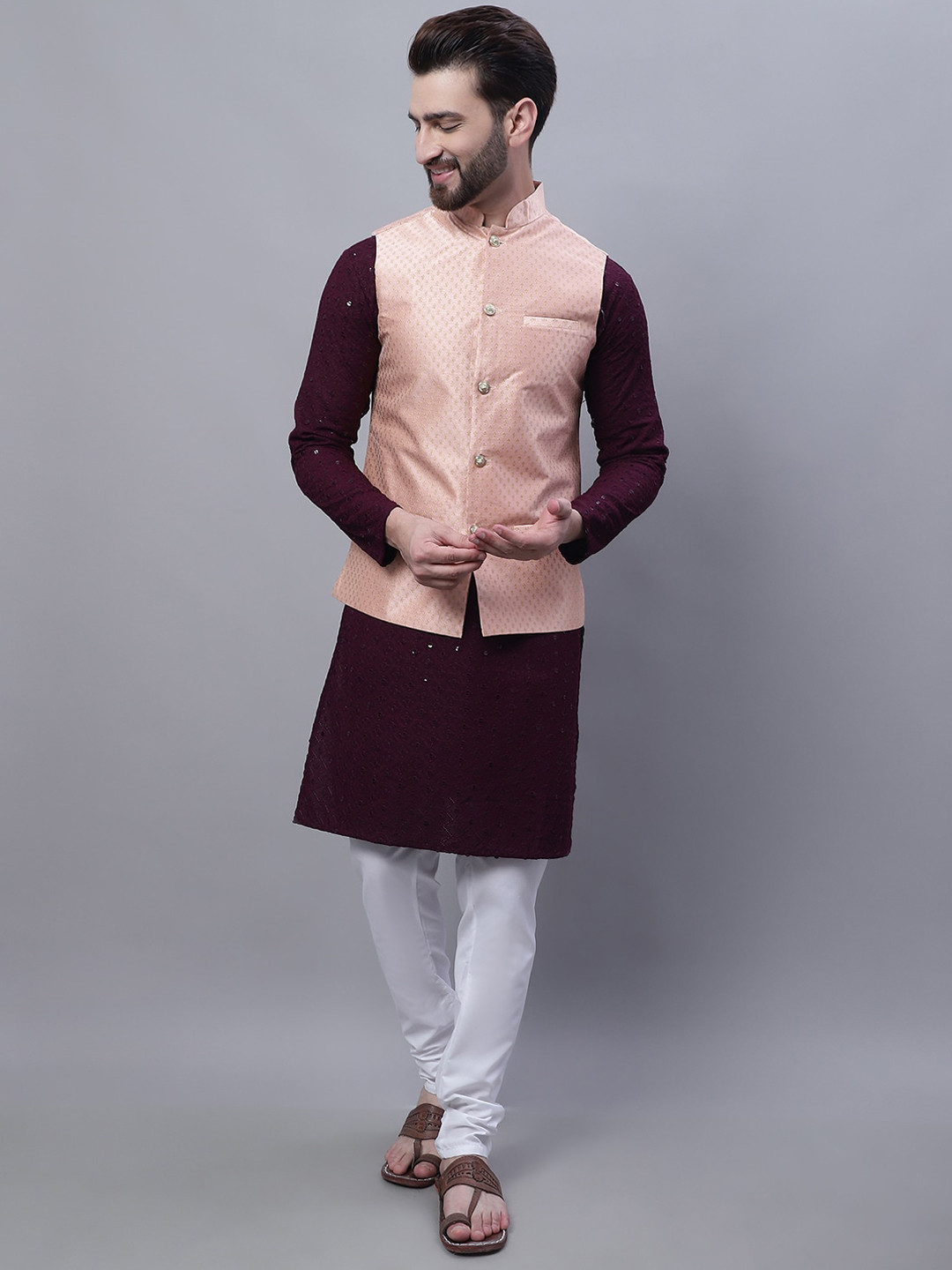 

SOJANYA Embroidered Sequined Pure Cotton Kurta With Churidar With Nehru Jacket, Purple