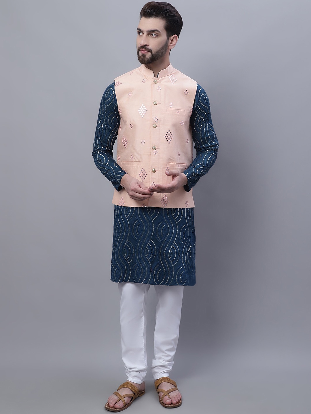 

SOJANYA Embroidered Mirror Work Pure Cotton Kurta With Churidar With Nehru Jacket, Teal