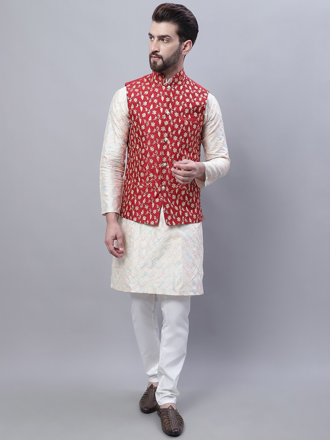 

SOJANYA Embroidered Thread Work Kurta and Churidar with Nehru Jacket, Cream