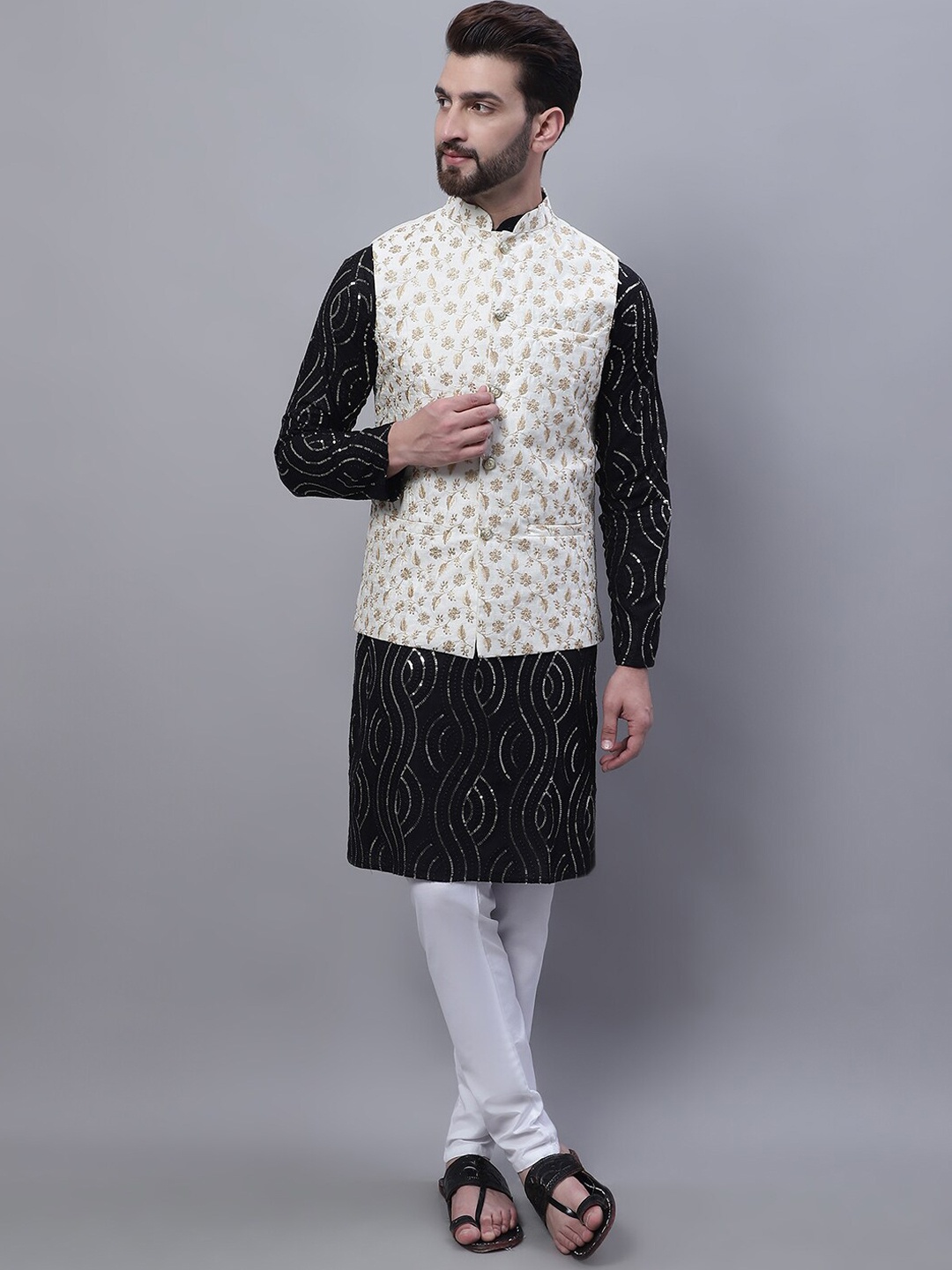 

SOJANYA Embroidered Sequined Pure Cotton Kurta With Churidar With Nehru Jacket, Black