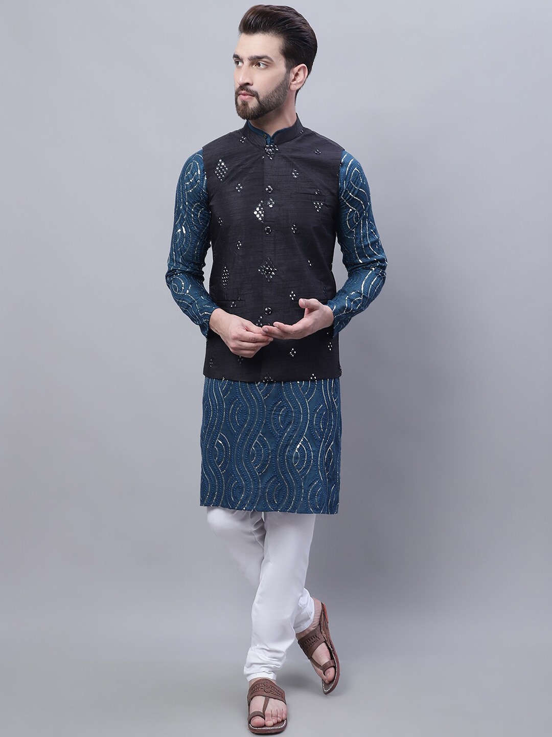 

SOJANYA Embroidered Sequinned Pure Cotton Kurta and Churidar with Nehru Jacket, Blue