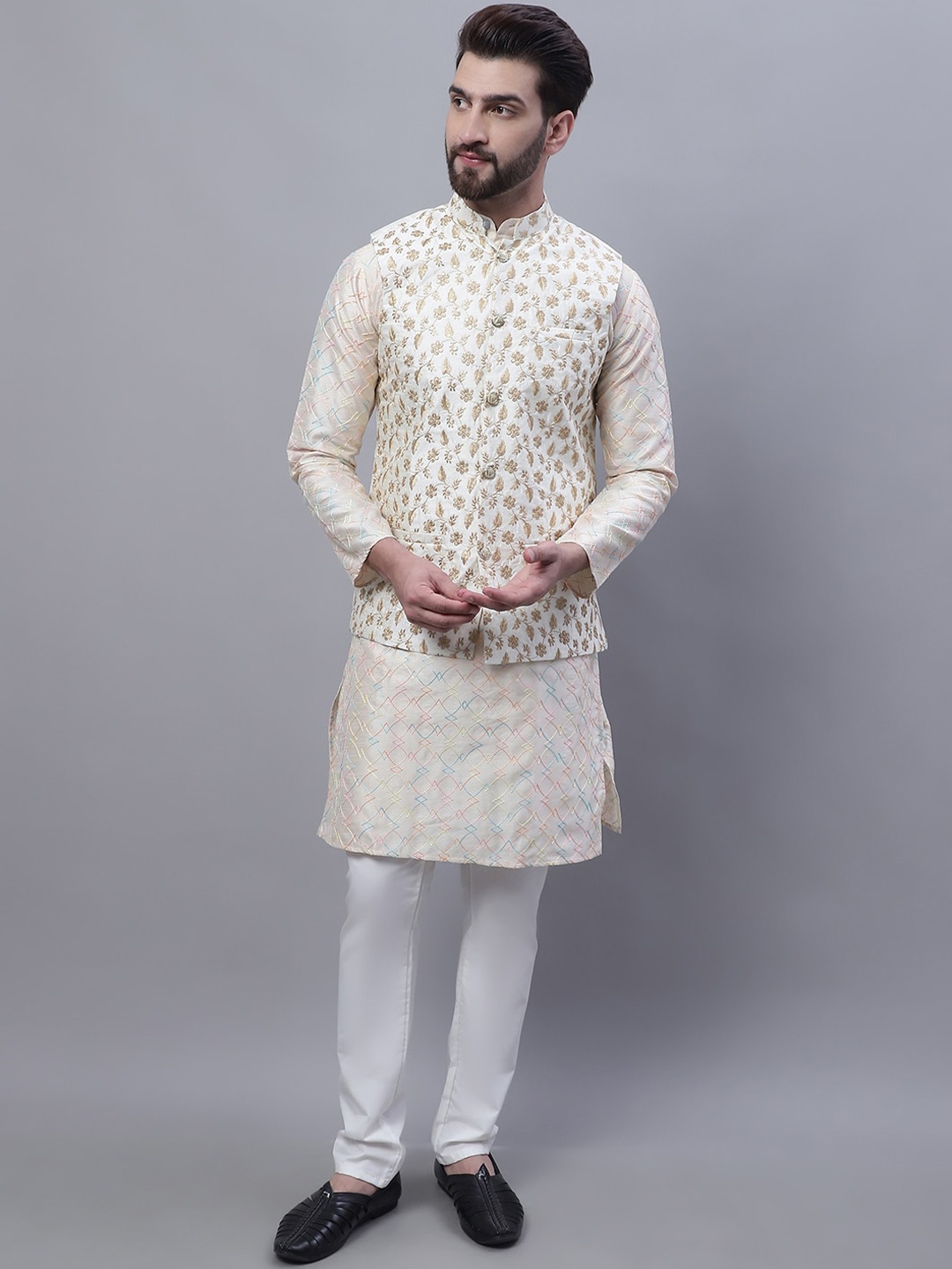 

SOJANYA Floral Embroidered Thread Work Kurta With Churidar With Nehru Jacket, Cream