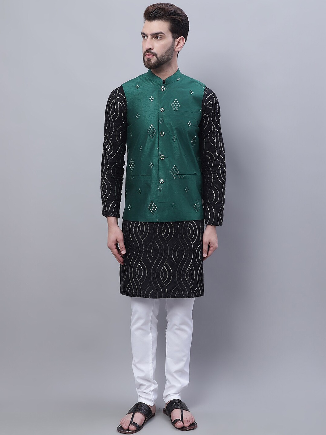 

SOJANYA Embroidered Mirror Work Pure Cotton Kurta With Churidar With Nehru Jacket, Black