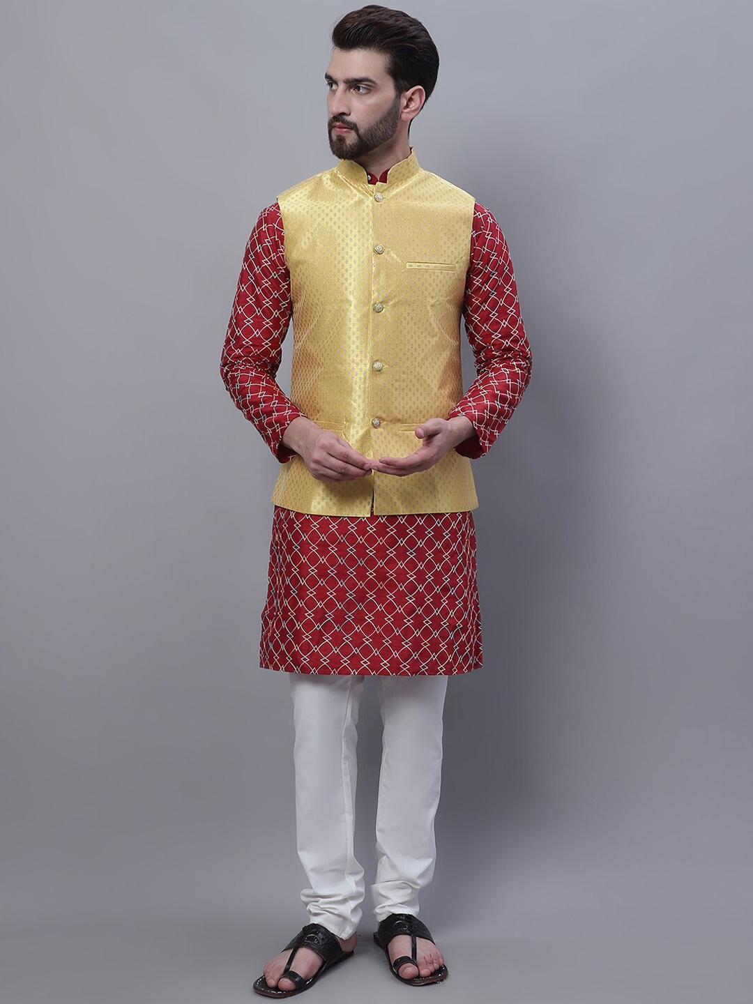 

SOJANYA Embroidered Thread Work Kurta With Churidar With Nehru Jacket, Maroon