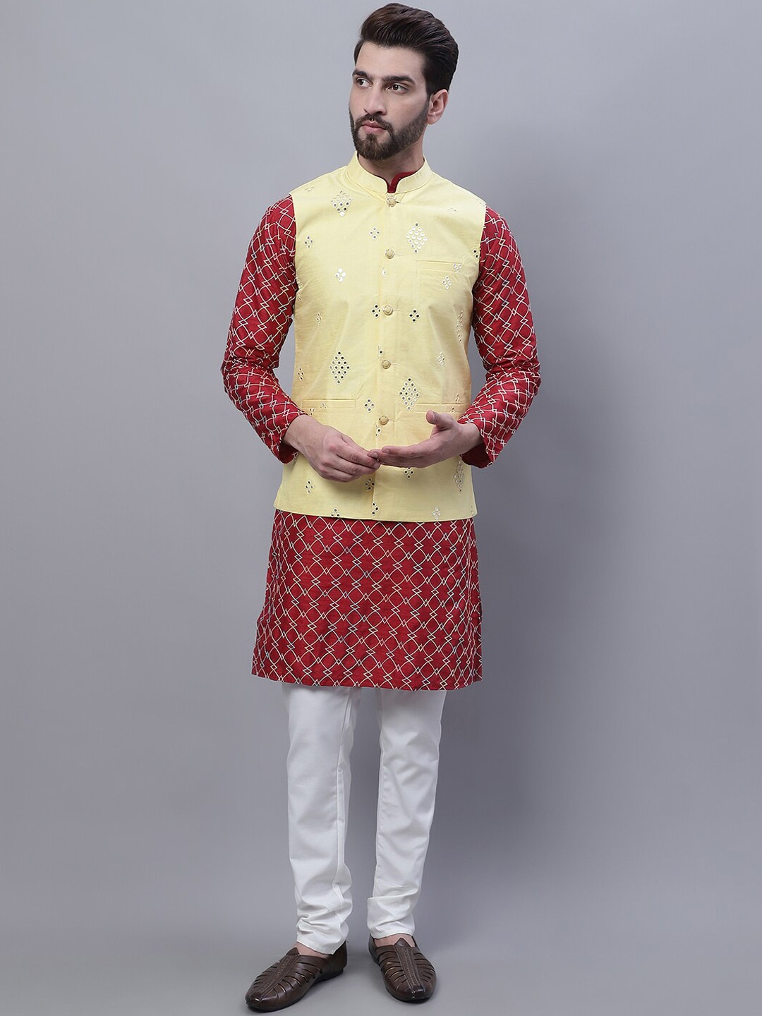 

SOJANYA Embroidered Mandarin Collar Kurta with Pyjamas & Nahru Jacket, Maroon