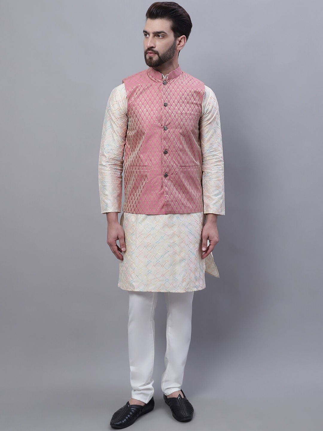 

SOJANYA Embroidered Mandarin Collar Kurta with Pyjamas & Nahru Jacket, Cream