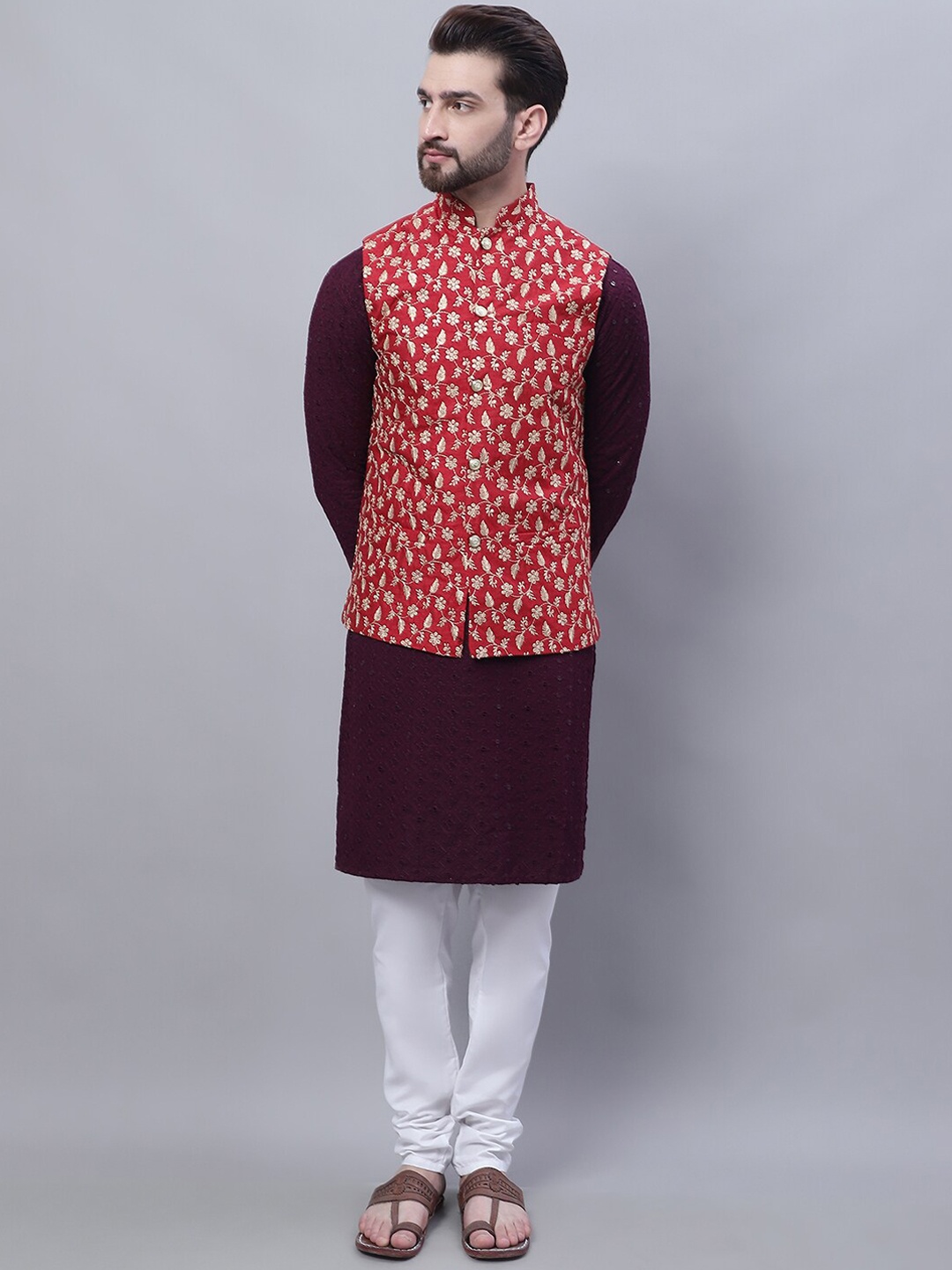 

SOJANYA Mandarin Collar Embroidered Pure Cotton Kurta with Churidar & Nahru Jacket, Purple