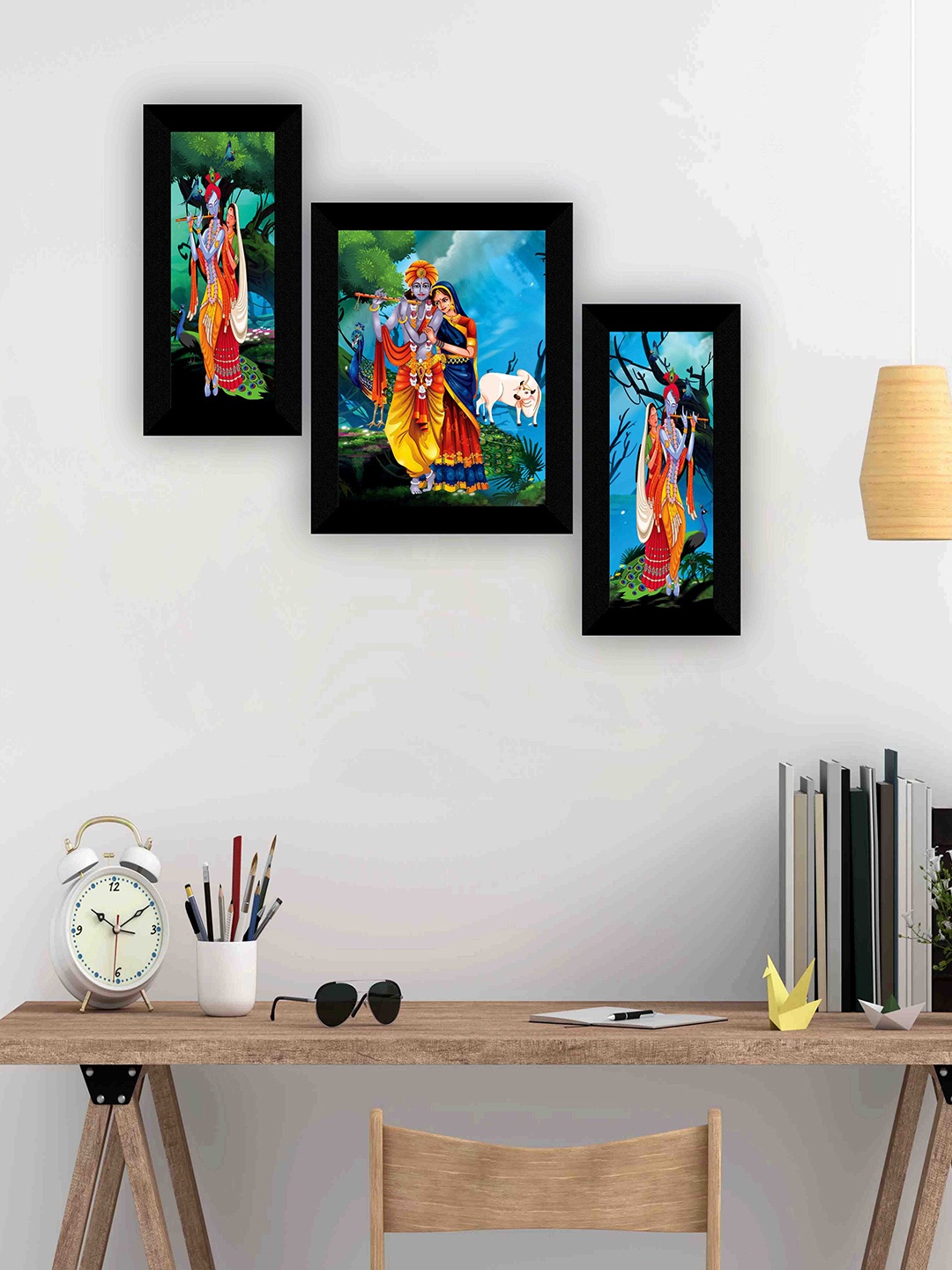 

SAF Blue & Green 3-Pieces Radha Krishna Printed Framed Wall Art