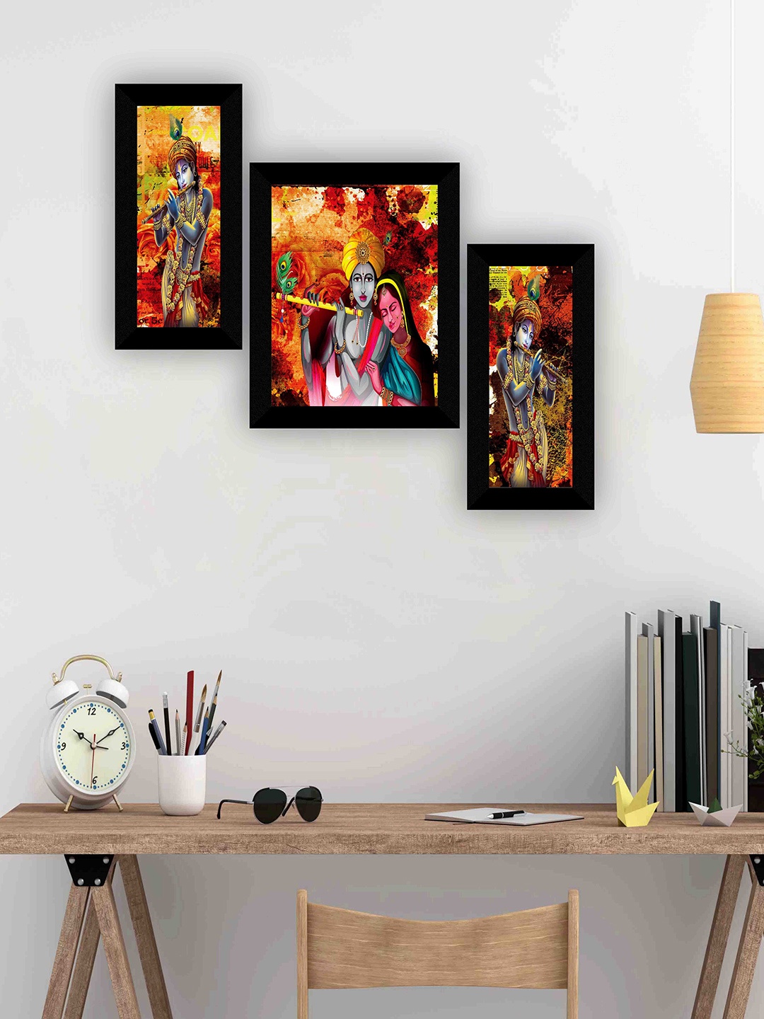 

SAF Mustard & Orange 3-Pieces Radha Krishna Printed Framed Wall Art