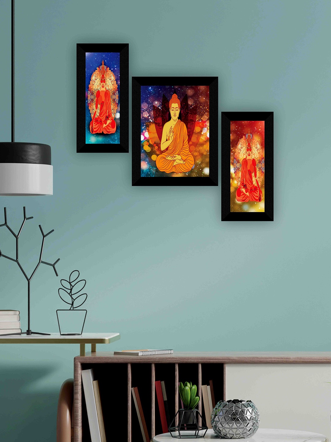 

SAF Black & Orange 3-Pieces Lord Buddha Printed Framed Wall Art