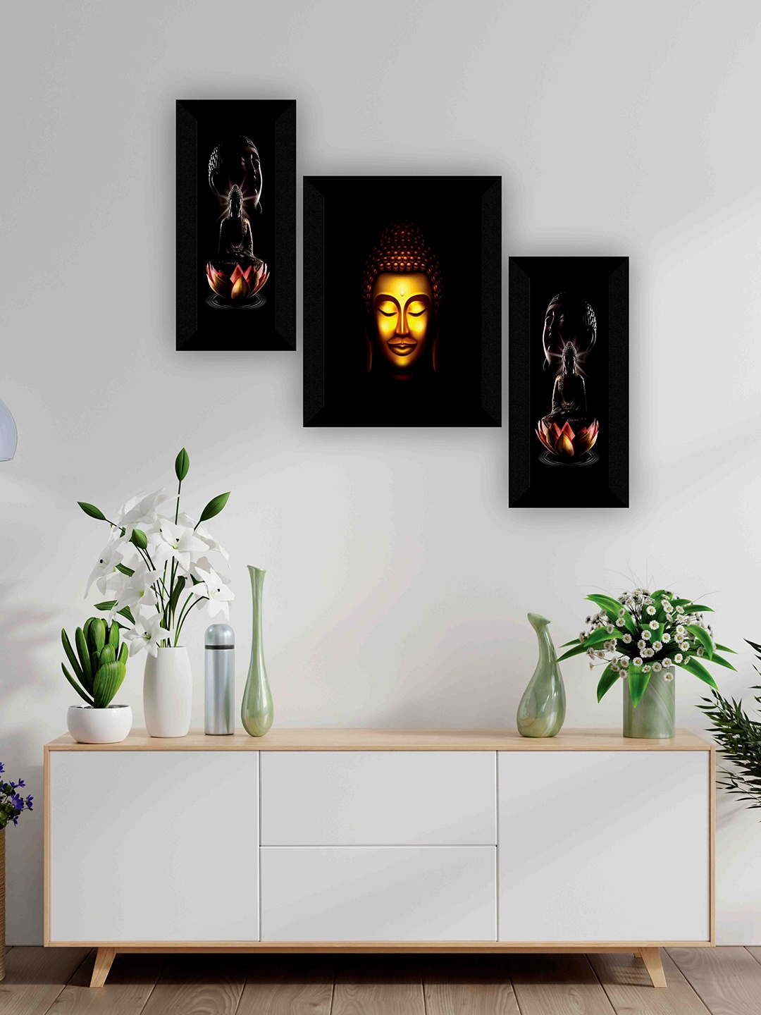 

SAF Black & Yellow 3-Pieces Lord Buddha Printed Framed Wall Art