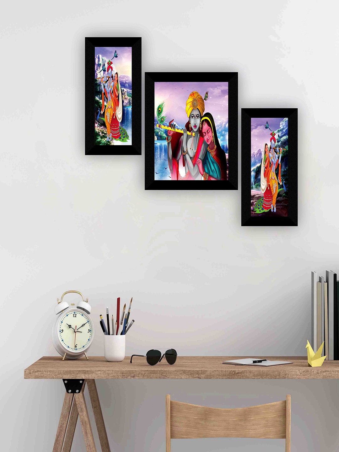 

SAF Blue & Red 3-Pieces Radha Krishna Printed Framed Wall Art