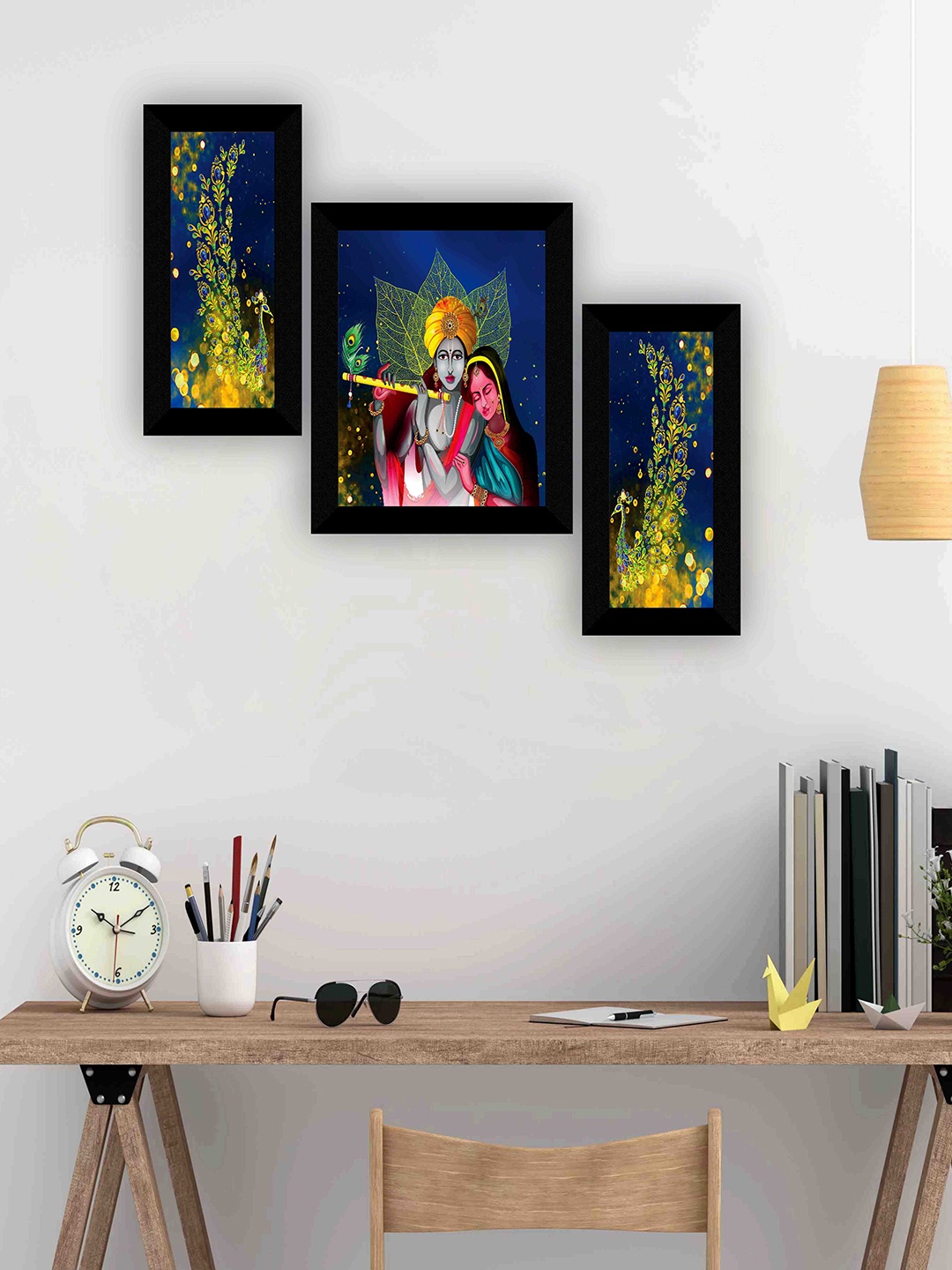 

SAF Black & Blue 3-Pieces Radha Krishna Printed Framed Wall Art