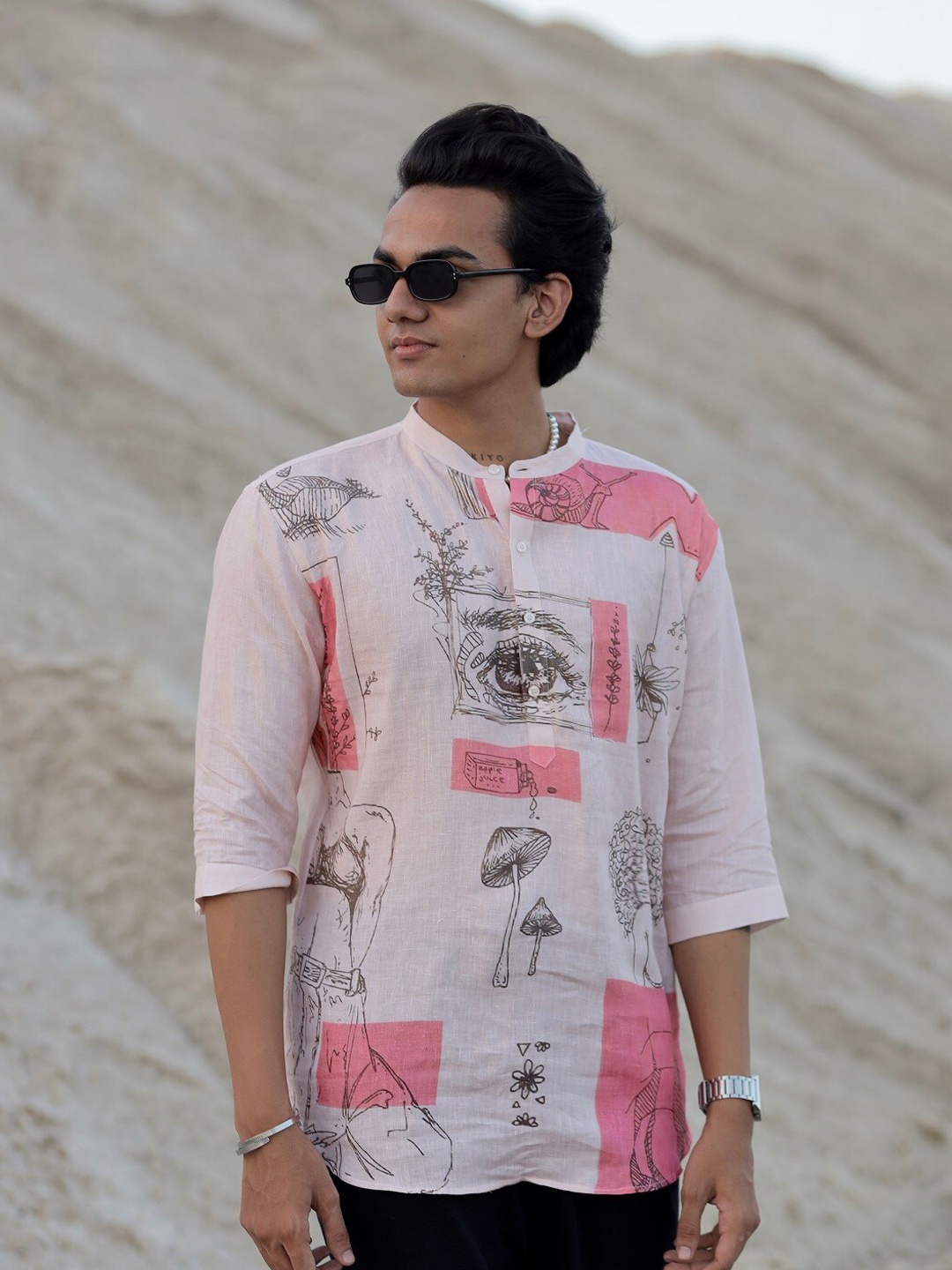 

ADDY'S for men Comfort Graphic Printed Linen Casual Shirt, Peach