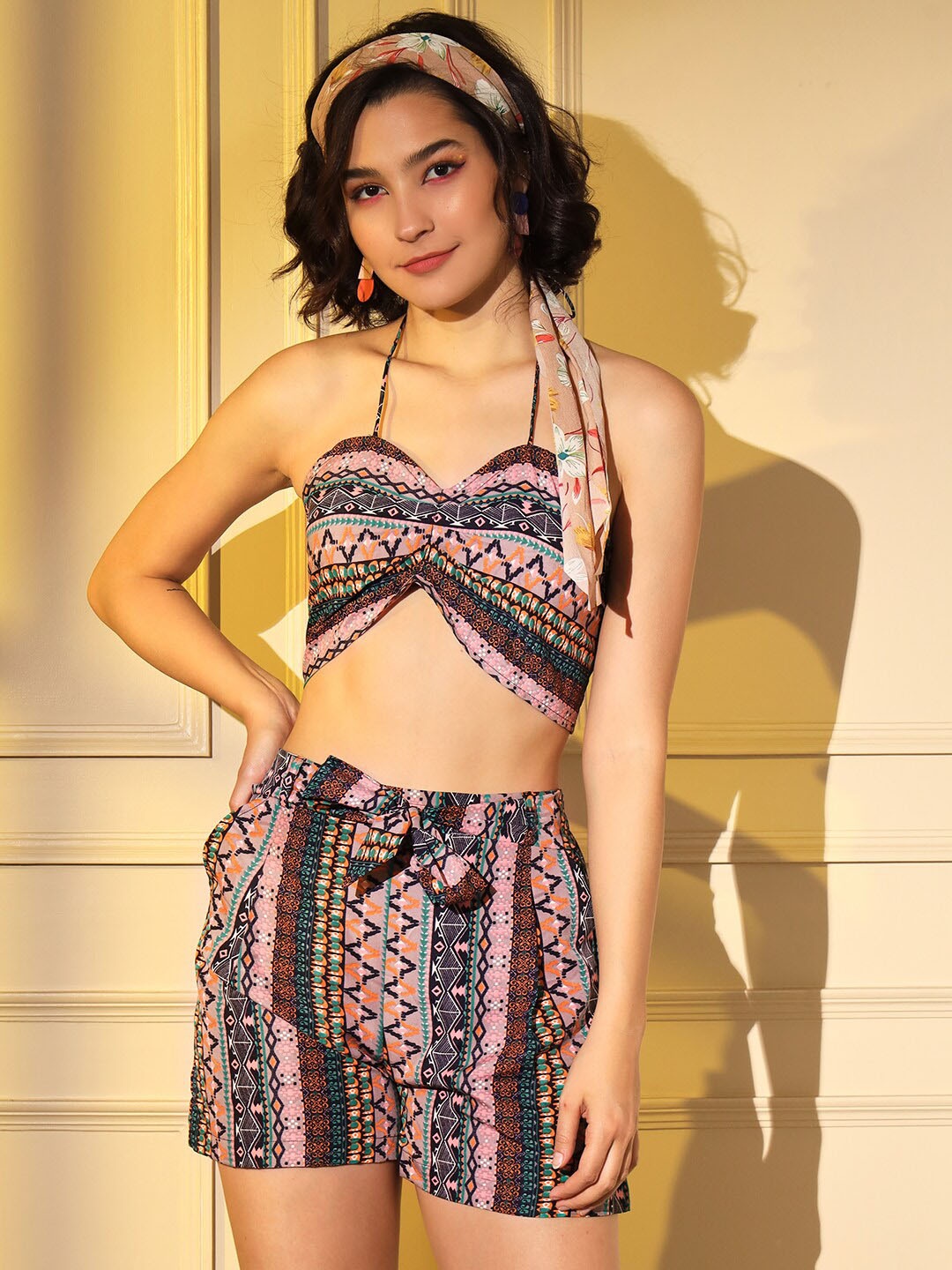 

SHUBHVASTRA Tribal Printed Top and Shorts & Shrug, Pink
