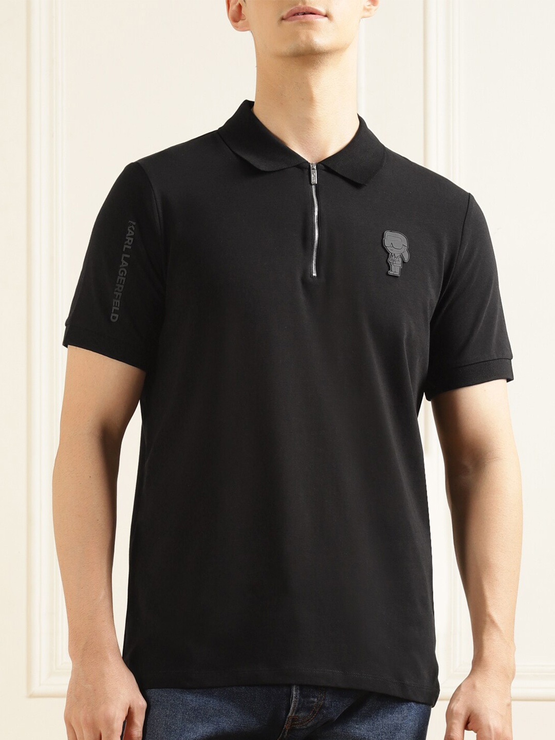 

Karl Lagerfeld Men Black Polo Collar Applique T-shirt