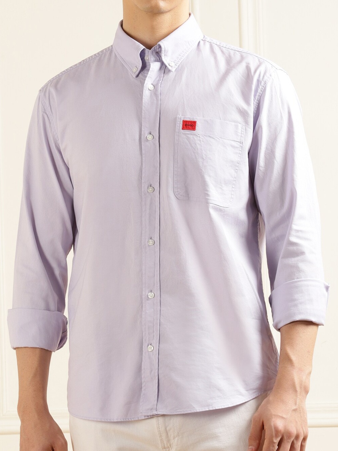 

HUGO Men Spread Collar Pure Cotton Casual Shirt, Purple