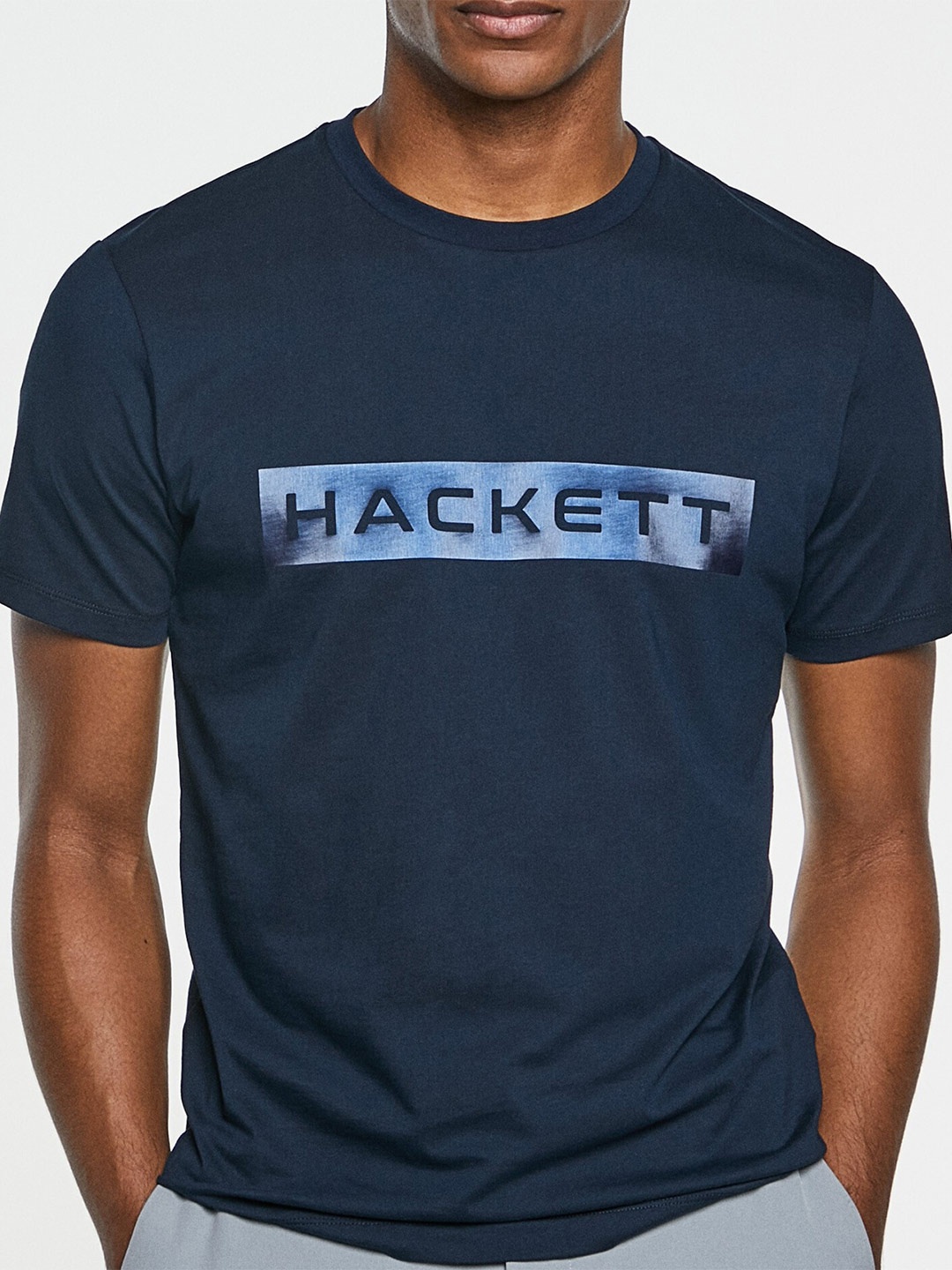 

HACKETT LONDON Typography Printed Round Neck Pure Cotton T-shirt, Navy blue