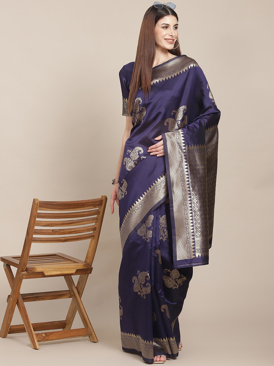 

DIVASTRI Ethnic Motif Zari Silk Blend Kanjeevaram Saree, Navy blue