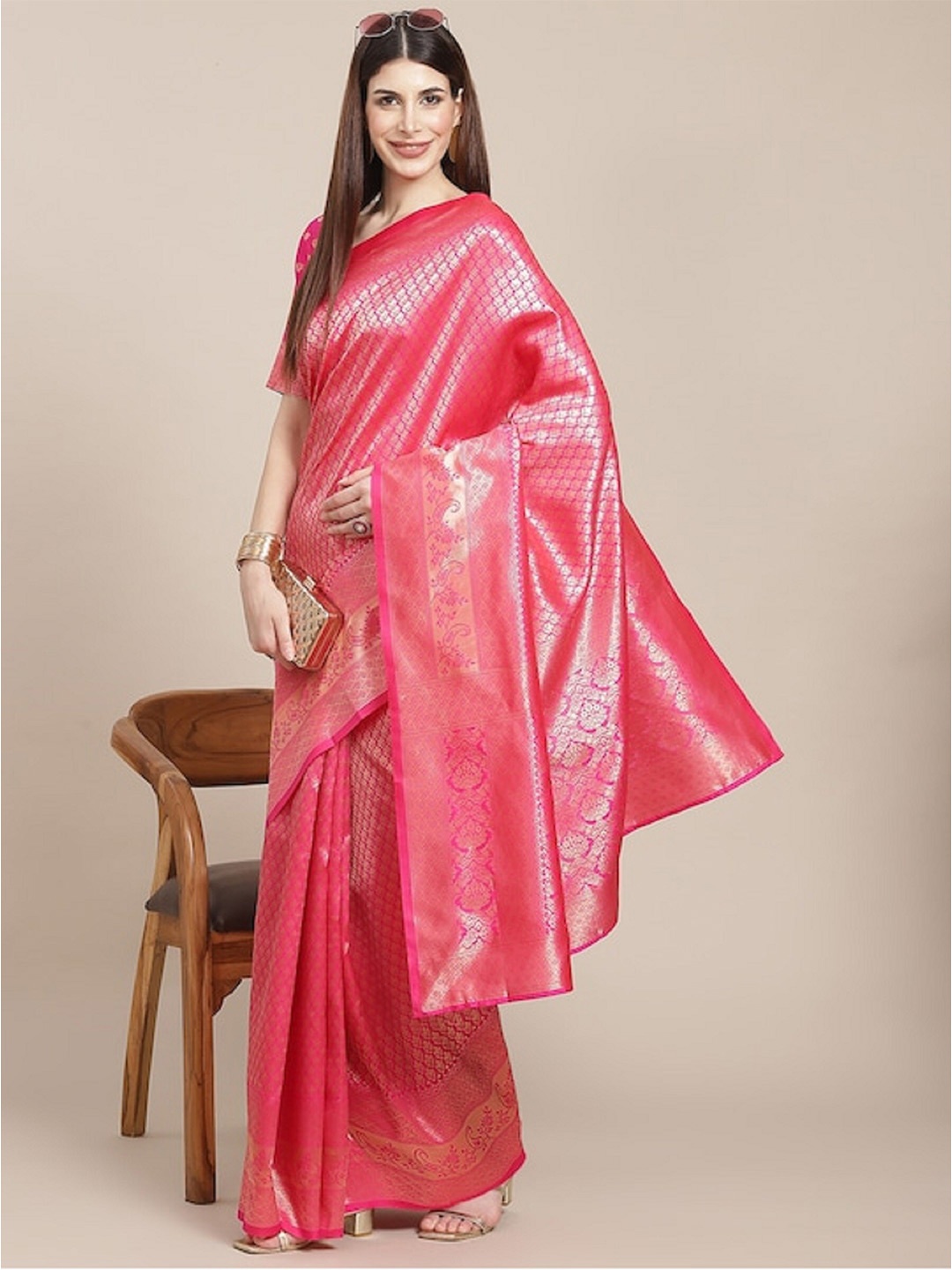 

DIVASTRI Ethnic Motif Zari Silk Blend Kanjeevaram Saree, Pink