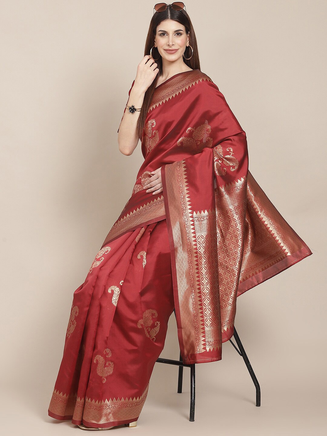 

DIVASTRI Ethnic Motif Zari Silk Blend Kanjeevaram Saree, Red