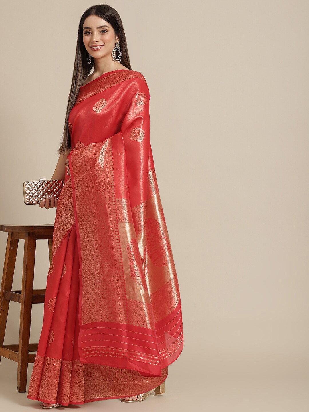 

DIVASTRI Ethnic Motif Zari Silk Blend Kanjeevaram Saree, Red