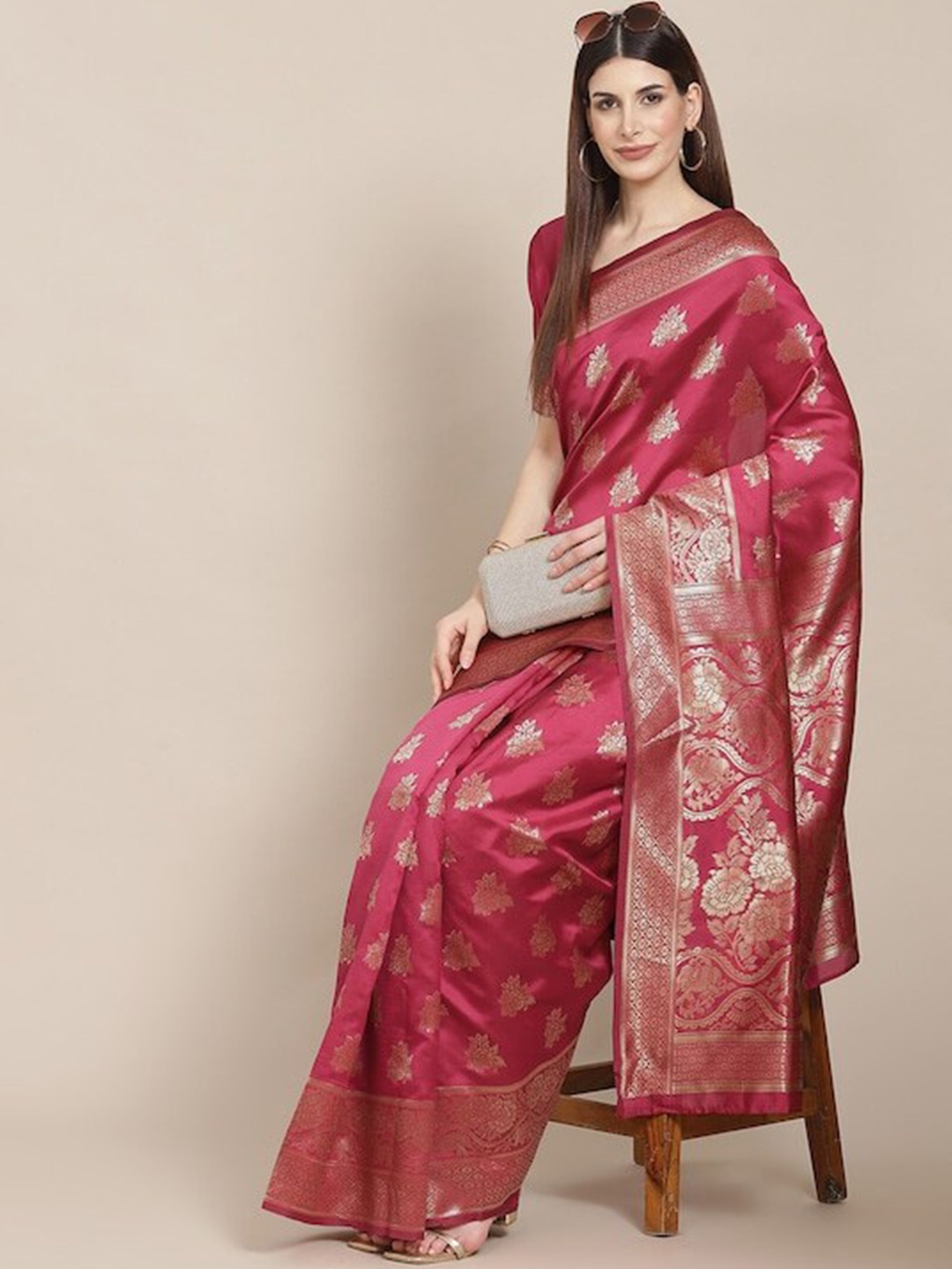 

DIVASTRI Ethnic Motif Zari Silk Blend Kanjeevaram Saree, Pink