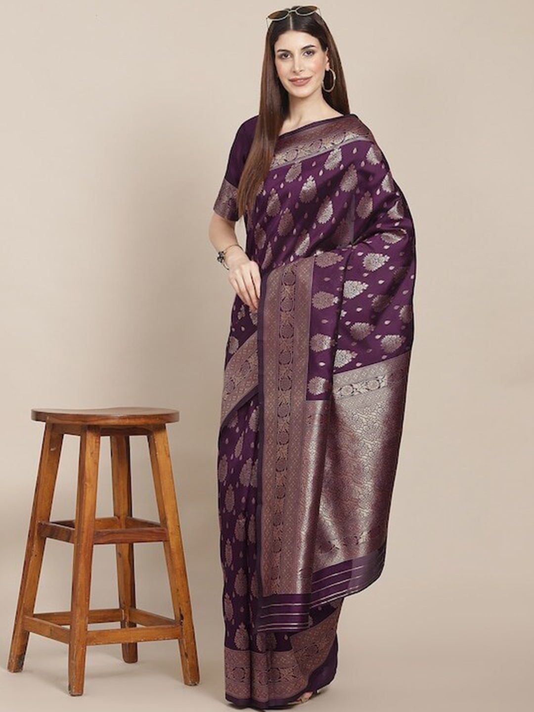 

DIVASTRI Ethnic Motif Zari Silk Blend Kanjeevaram Saree, Purple