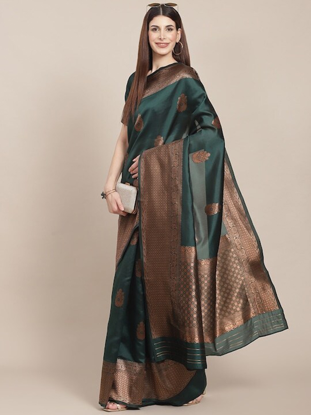 

DIVASTRI Ethnic Motif Zari Silk Blend Kanjeevaram Saree With Blouse Piece, Green