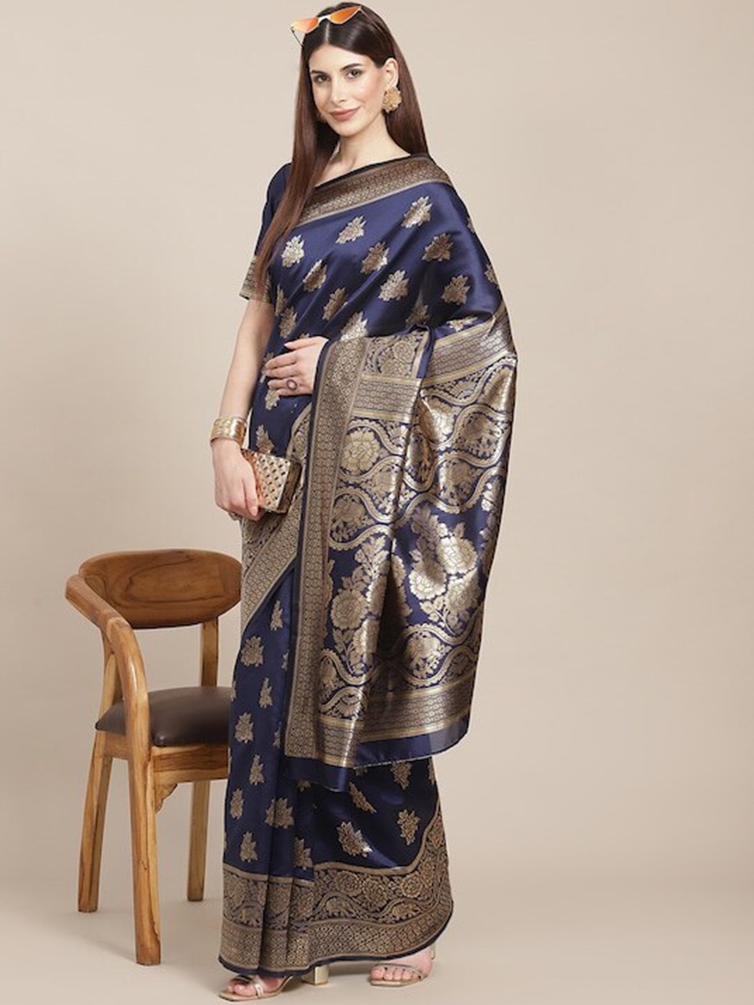 

DIVASTRI Ethnic Motif Zari Silk Blend Kanjeevaram Saree, Navy blue
