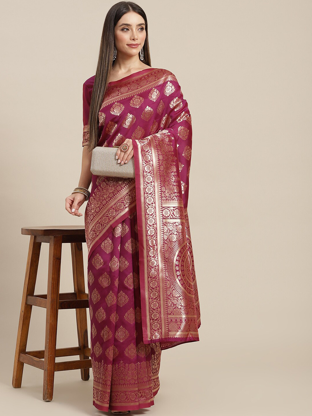 

DIVASTRI Ethnic Motif Zari Silk Blend Kanjeevaram Saree, Pink