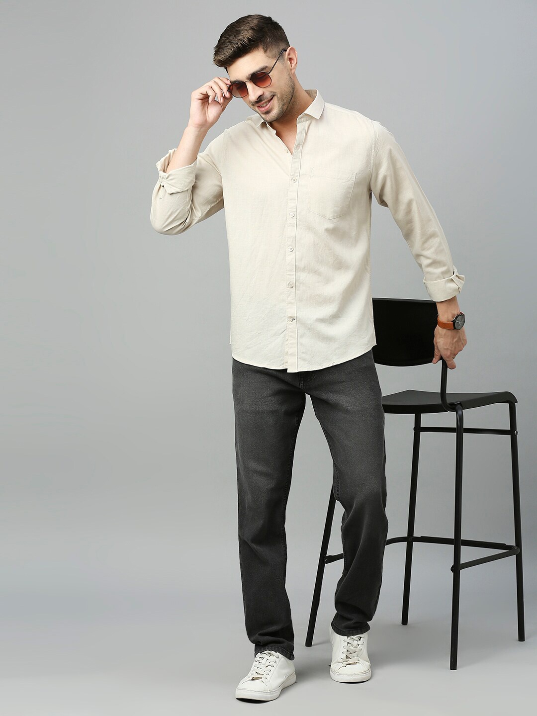 

Mast & Harbour Beige Classic Slim Fit Cotton Linen Casual Shirt