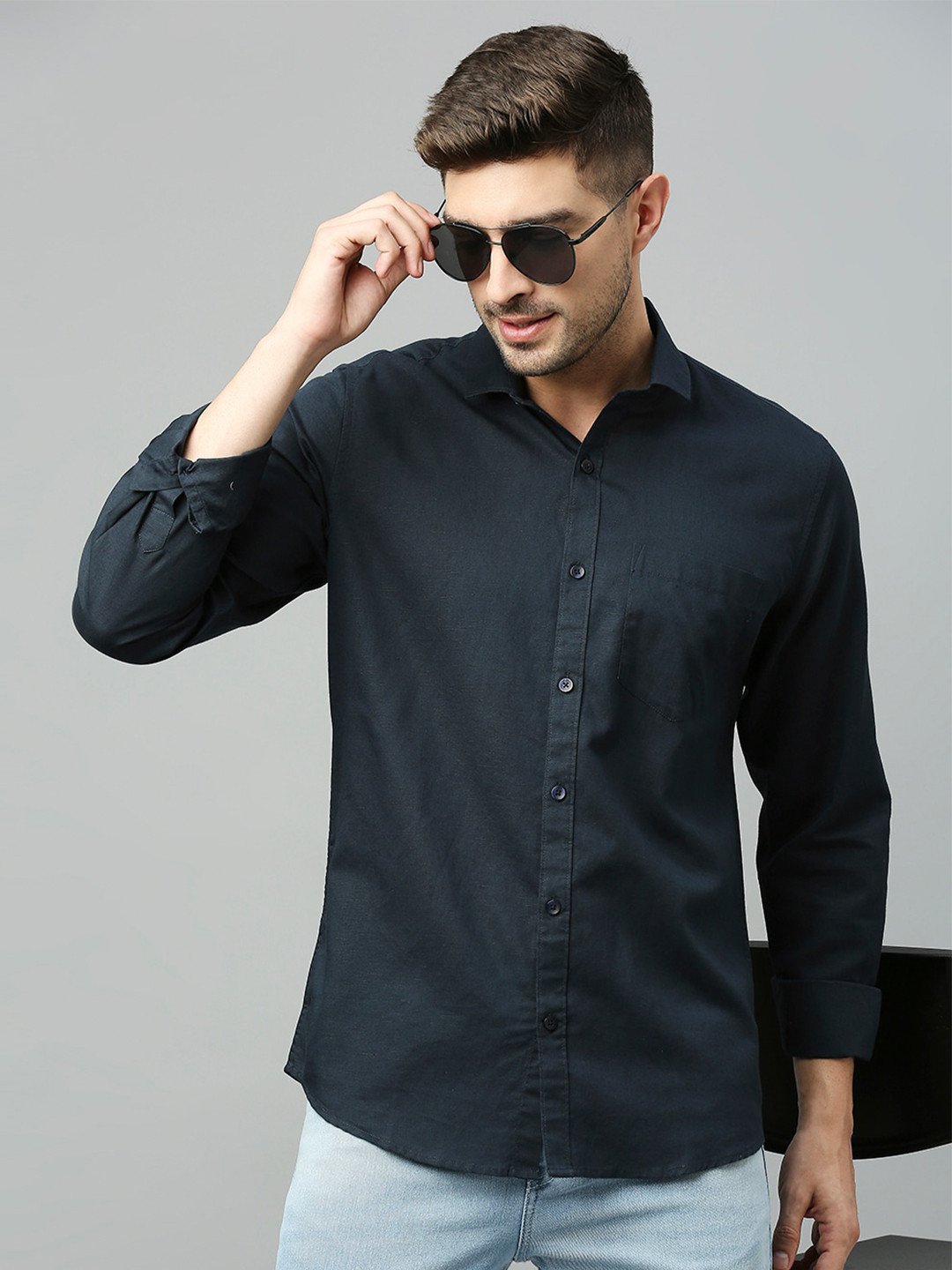 Mast & Harbour Navy Blue Classic Slim Fit Cotton Linen Casual Shirt