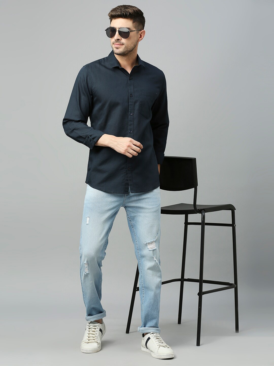 

Mast & Harbour Navy Blue Classic Slim Fit Cotton Linen Casual Shirt