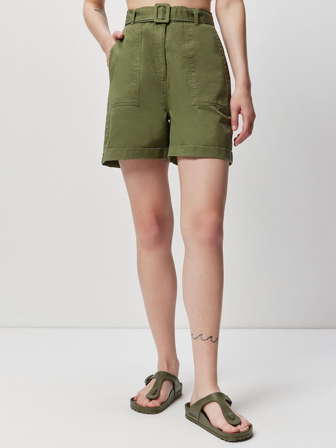 

COVER STORY Women Olive Green High-Rise Twill Weave Pure Cotton Shorts