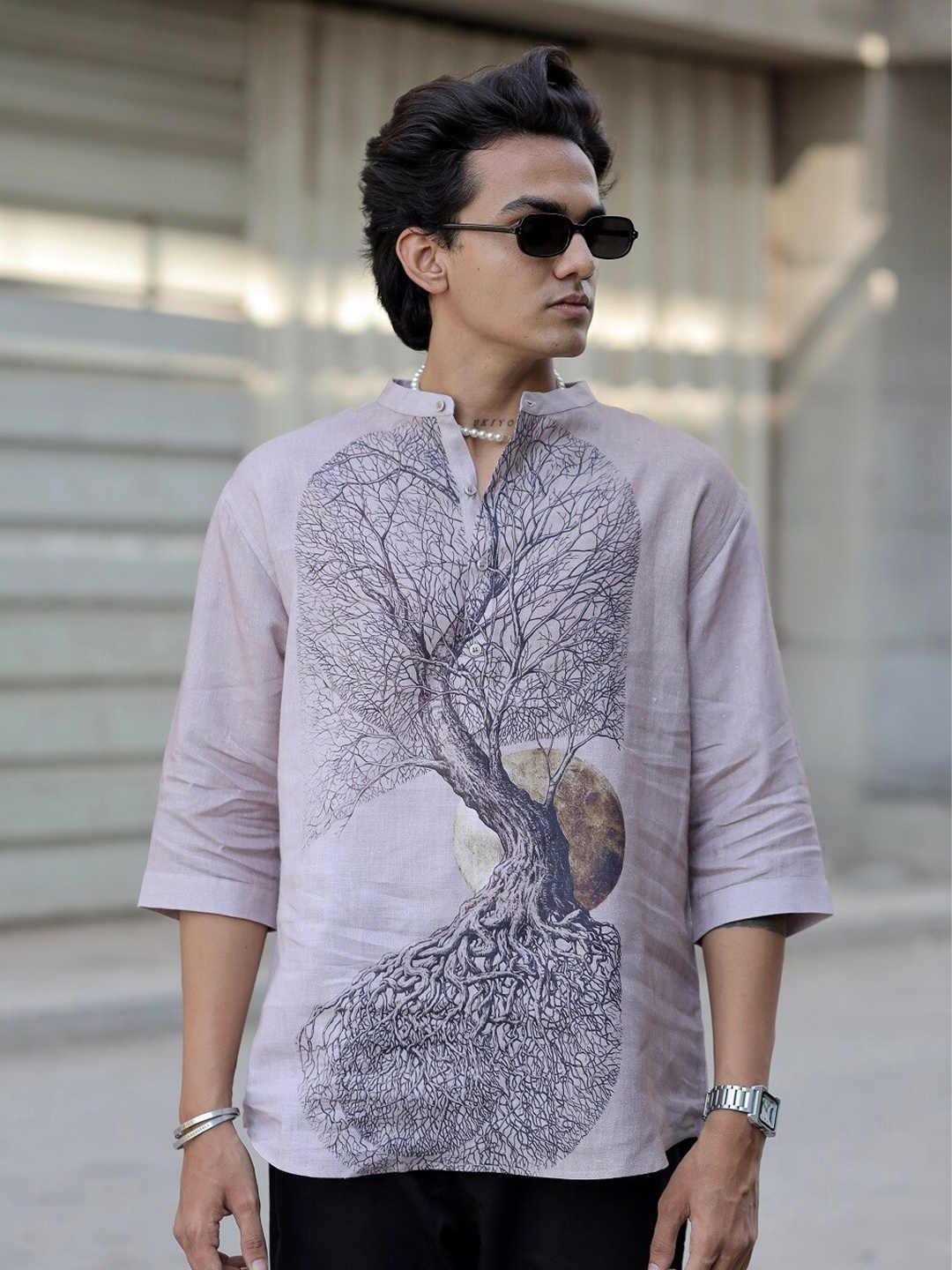 

ADDY'S for men Graphic Printed Band Collar Linen Kurta, Grey